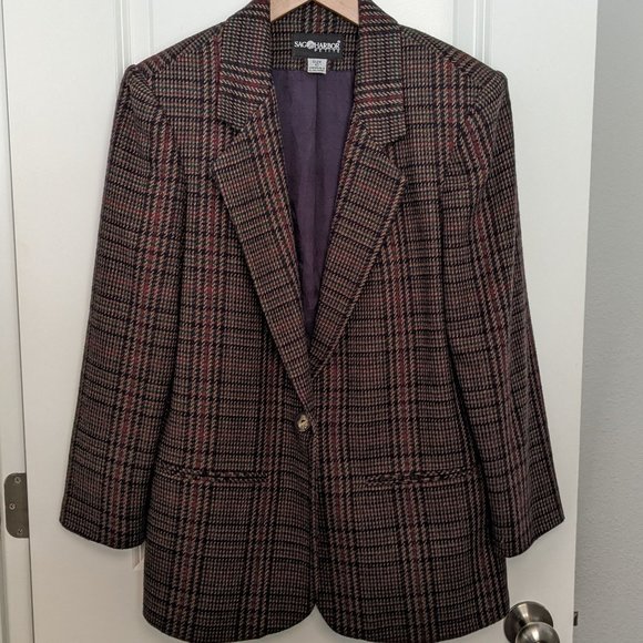 Sag Harbor Petite Wool Oversized Blazer Brown Plaid Vintage 10 Small 10P 6 - Picture 1 of 14